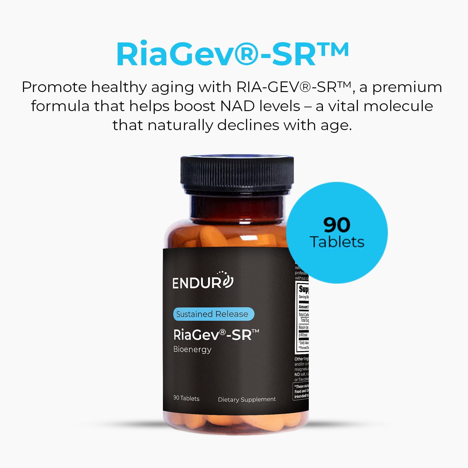 Endurance RIAGEV capsules close-up highlighting ribose and niacinamide ingredients.