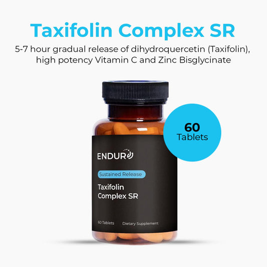Close-up of Endurance Taxifolin Complex SR tablet illustrating sustained-release action.