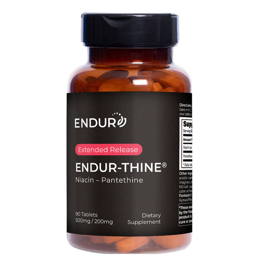 Endur-Thine Niacin Pantethine bottle front with 90 tablets for heart and liver support