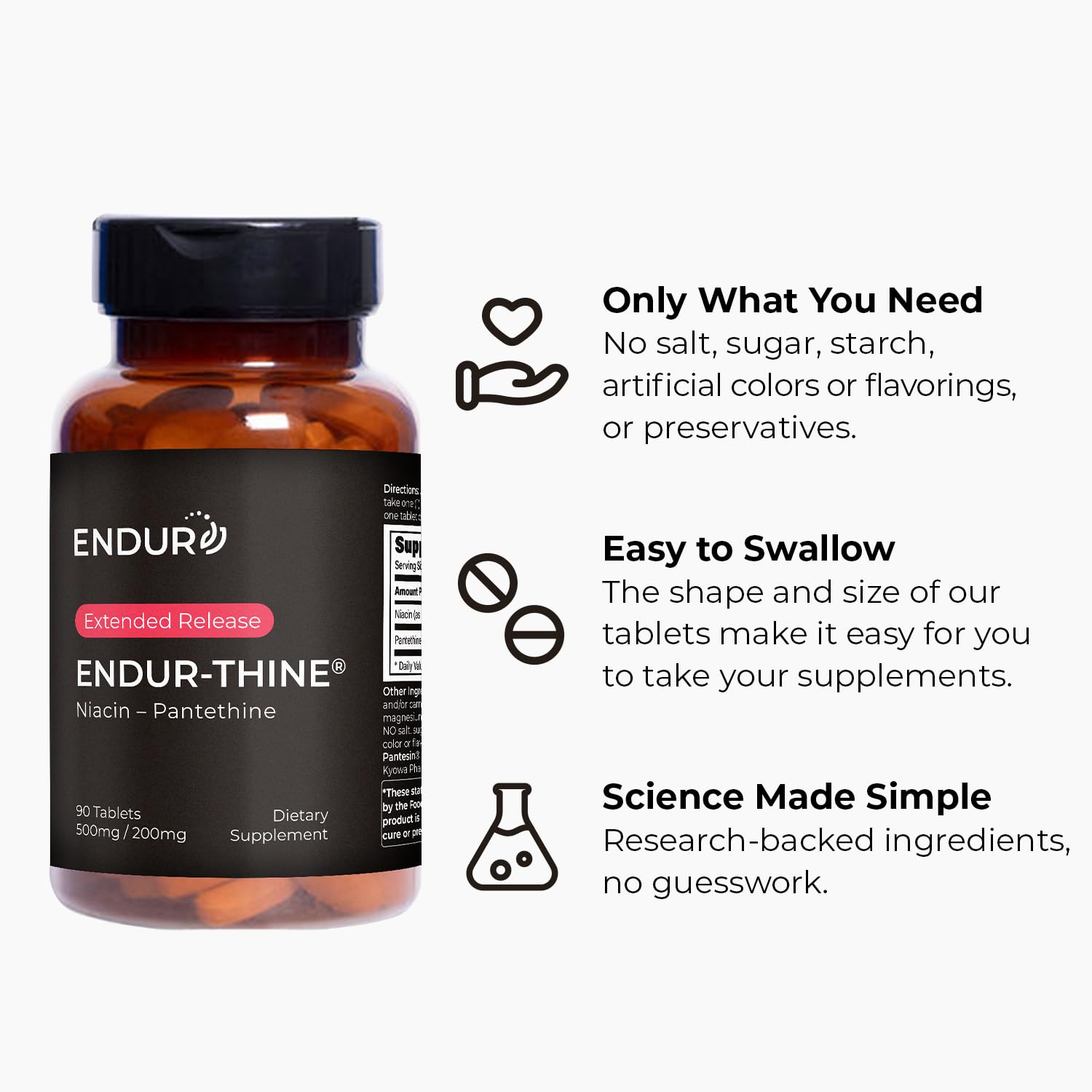 Endur-Thine Niacin Pantethine bottle side view with easy-swallow emphasis
