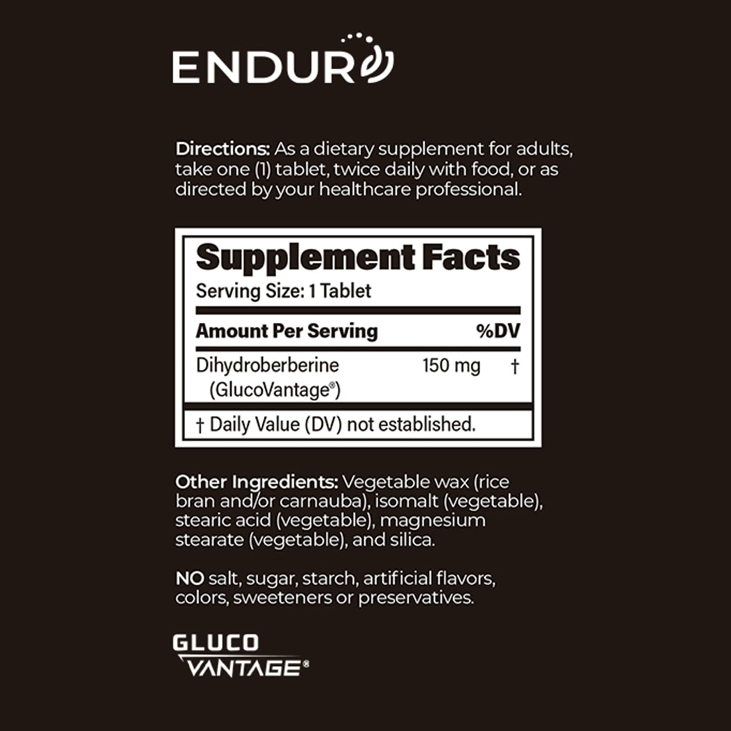 Endurance Dihydroberberine package with tablets; clear dosing and ingredients
