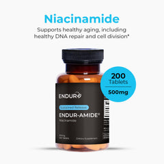 Close-up of ENDUR-Amide Niacinamide 500 mg tablets highlighting high potency for cellular energy support.