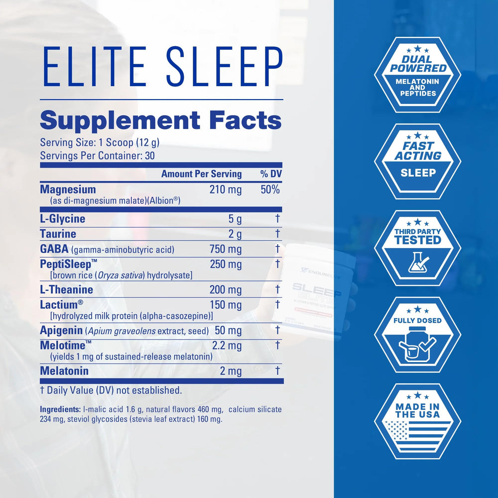 EndurElite dual-release melatonin bottle beside a glass for easier sleep onset.