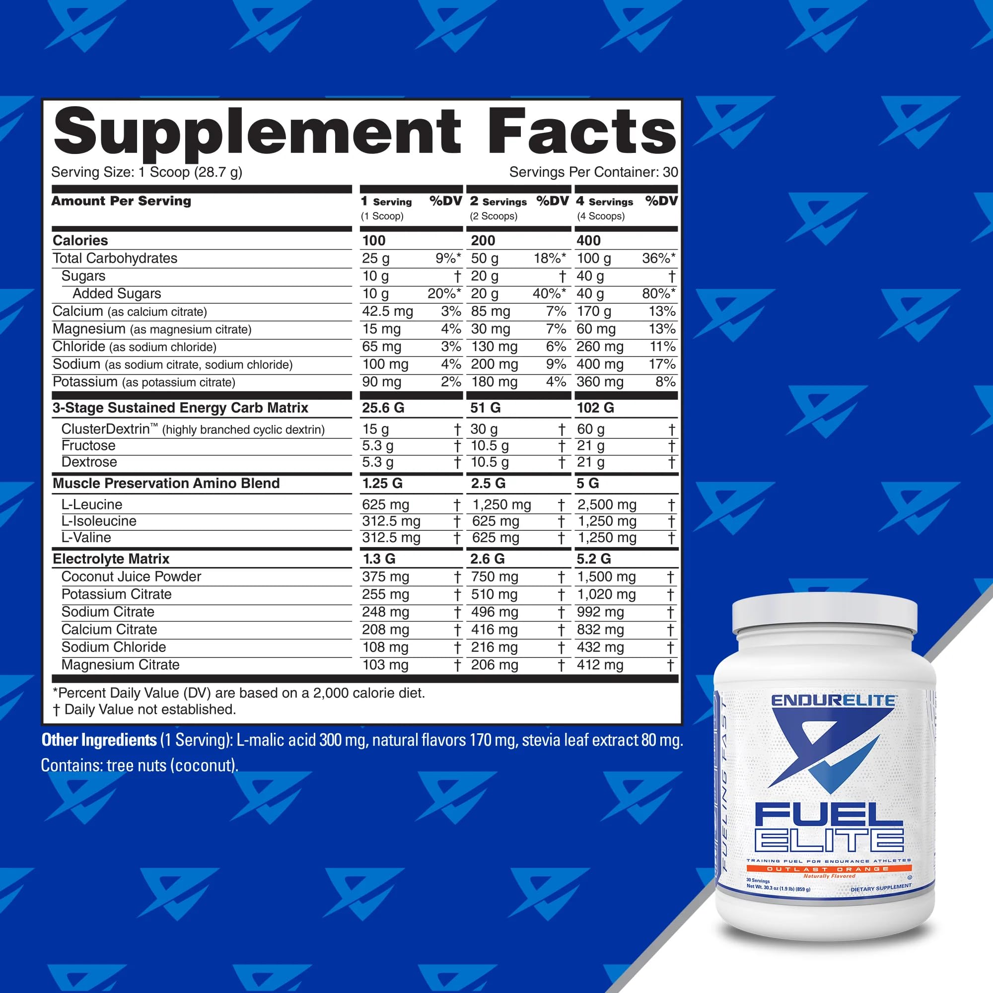 EndurElite Endurance Fuel Elite tub label highlights 25g carb blend and electrolyte profile.