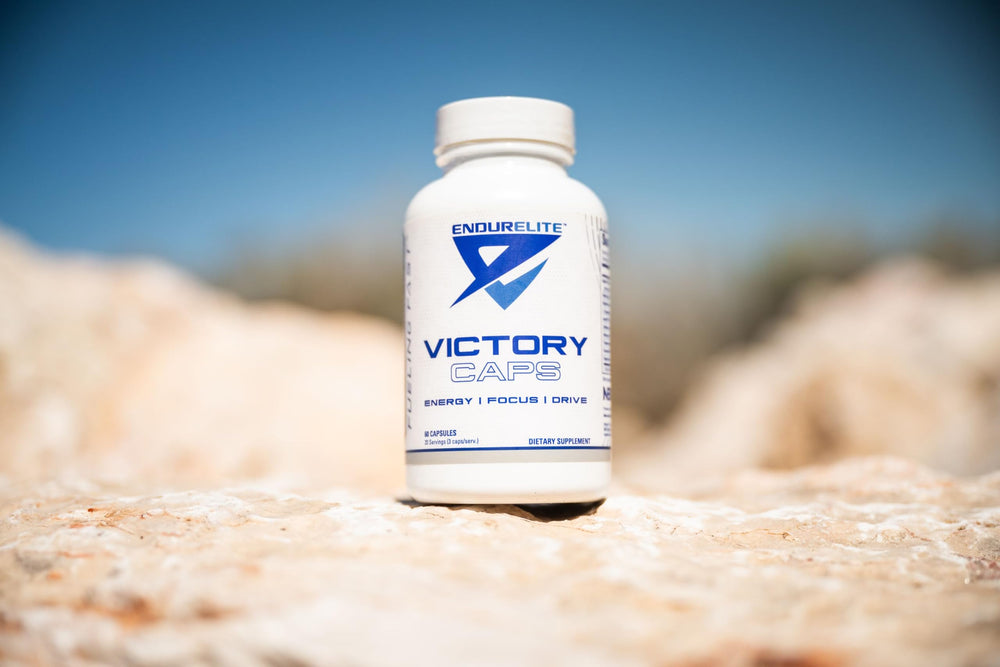 EndurElite Victory Caps bottle back displays ingredients supporting endurance and focus.
