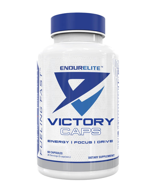 EndurElite Victory Caps bottle front shows portable capsules for on-the-go energy.