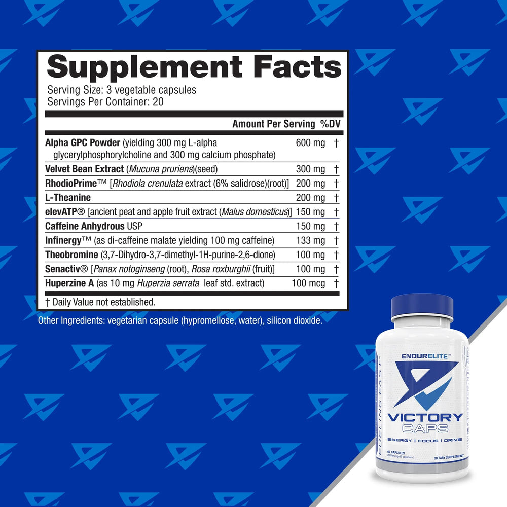 Close-up of Victory Caps capsules inside the bottle highlighting jitter-free energy.