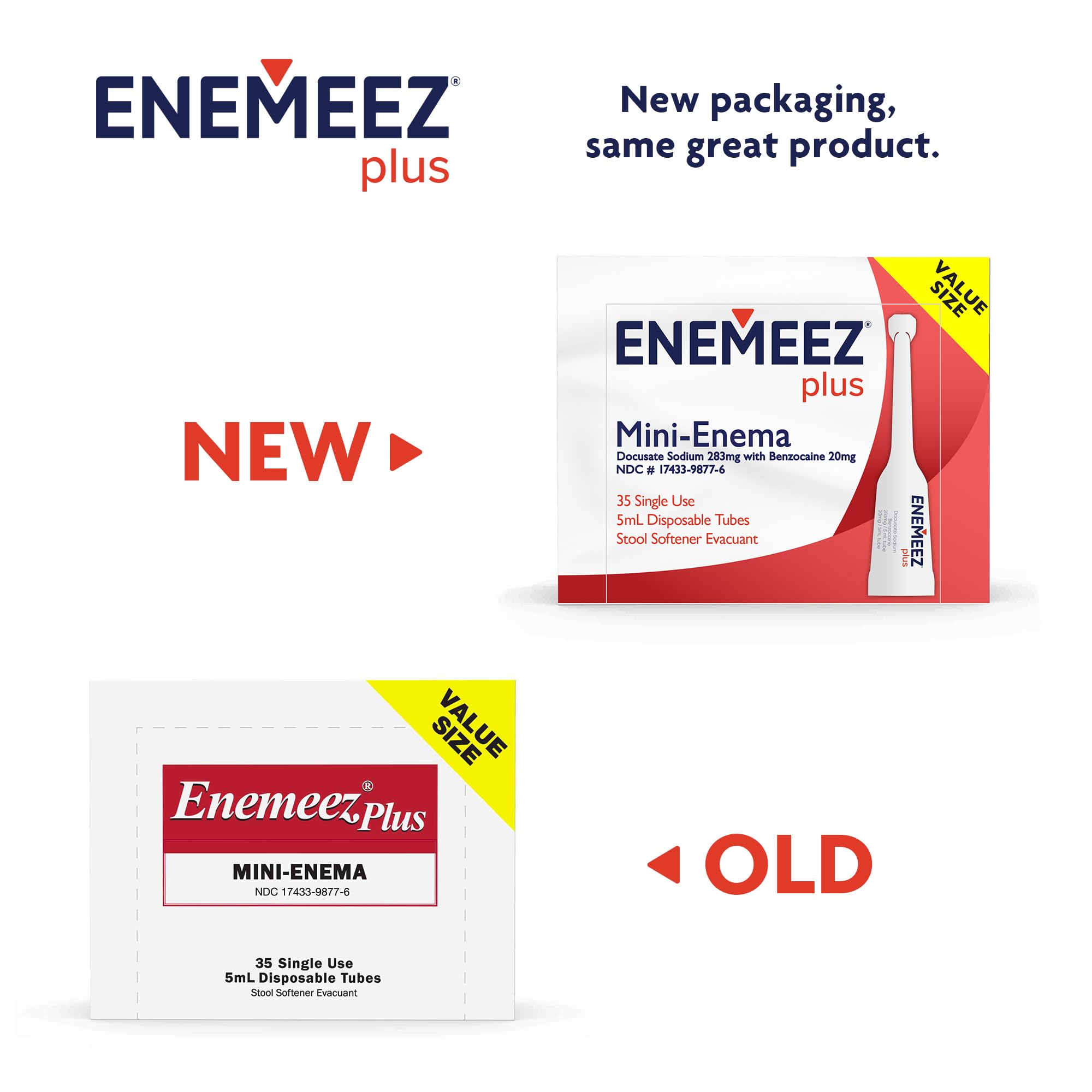 Enemeez Plus 283mg docusate sodium highlights stool-softening support.