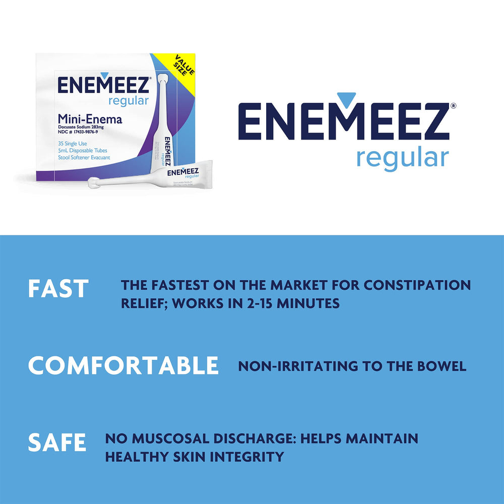 Enemeez Plus docusate-sodium illustration showing stool-softening action.