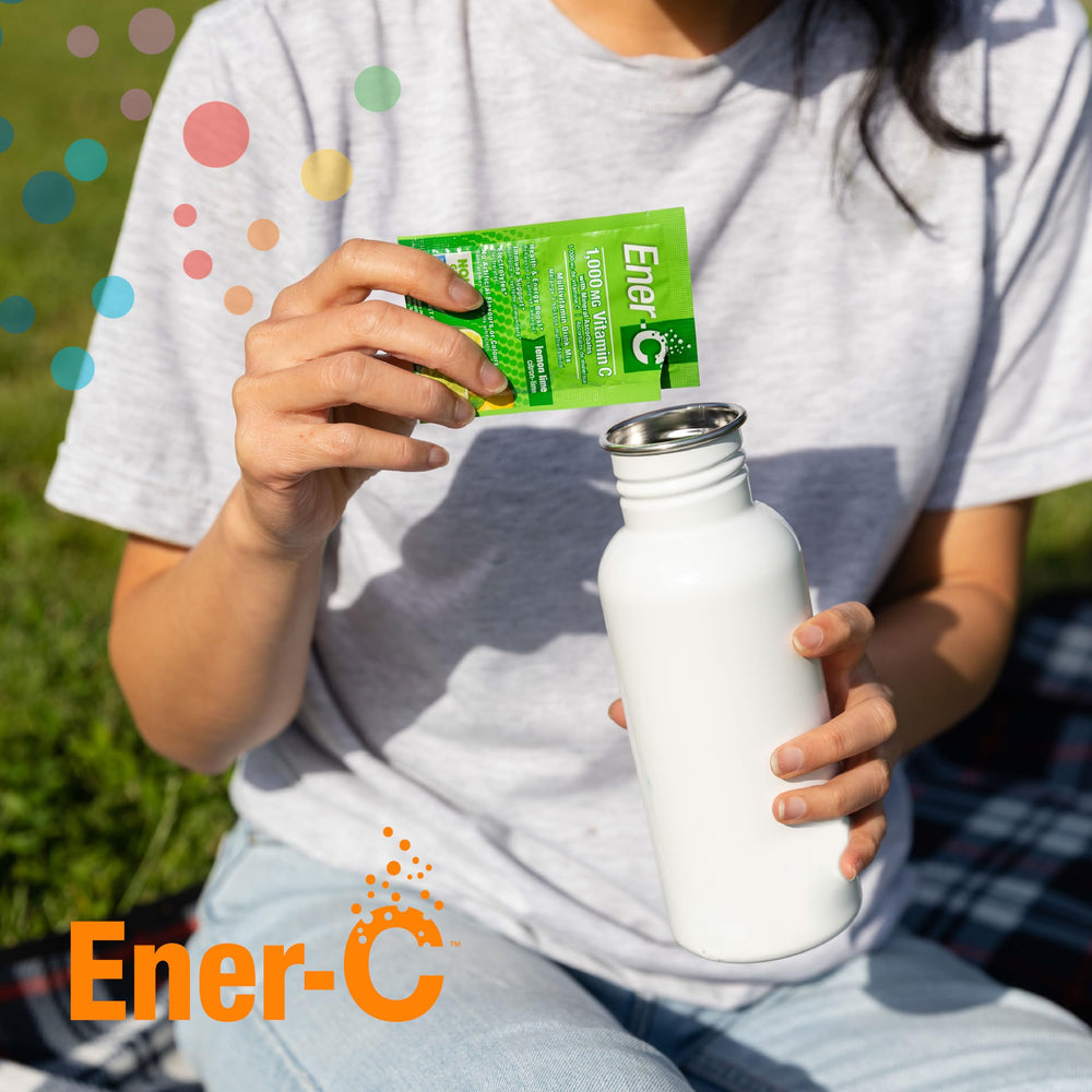 Ener-C lemon-lime flavor powder dissolves quickly in water for refreshing daily use.