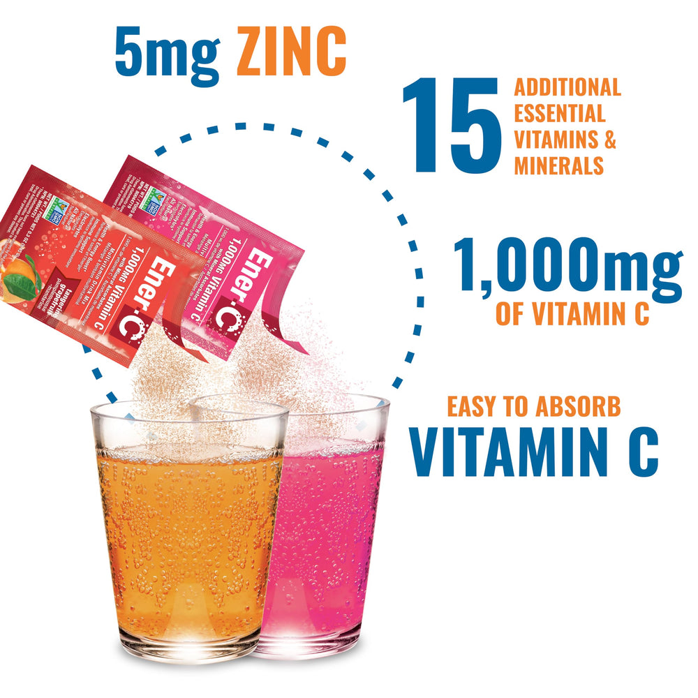 Ener-C glass with water and packets highlighting vibrant flavor.
