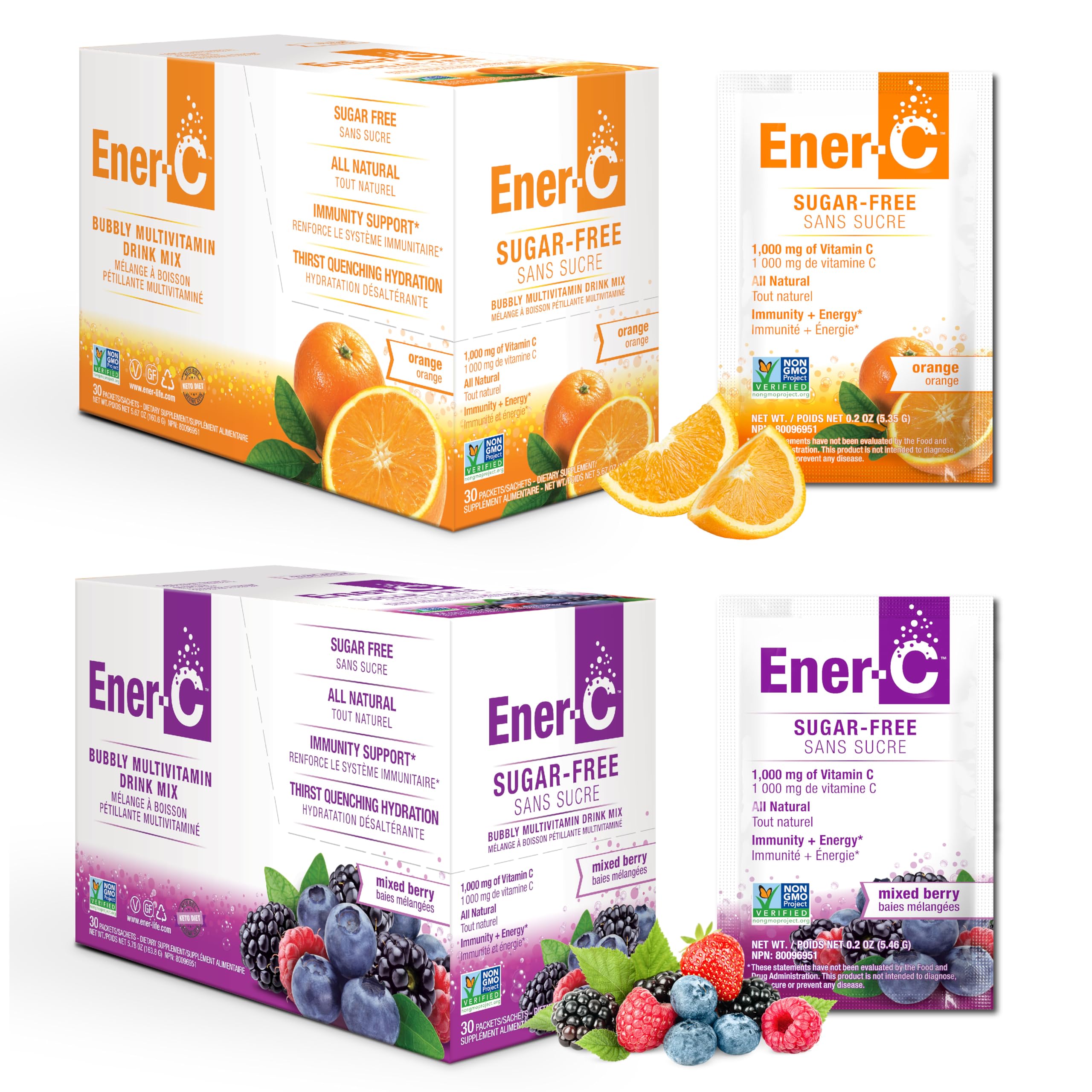 Ener-C orange packet ready to mix for zero-sugar hydration.