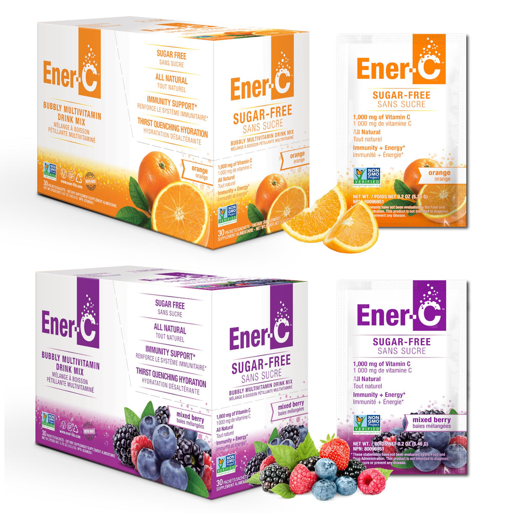 Ener-C orange packet ready to mix for zero-sugar hydration.