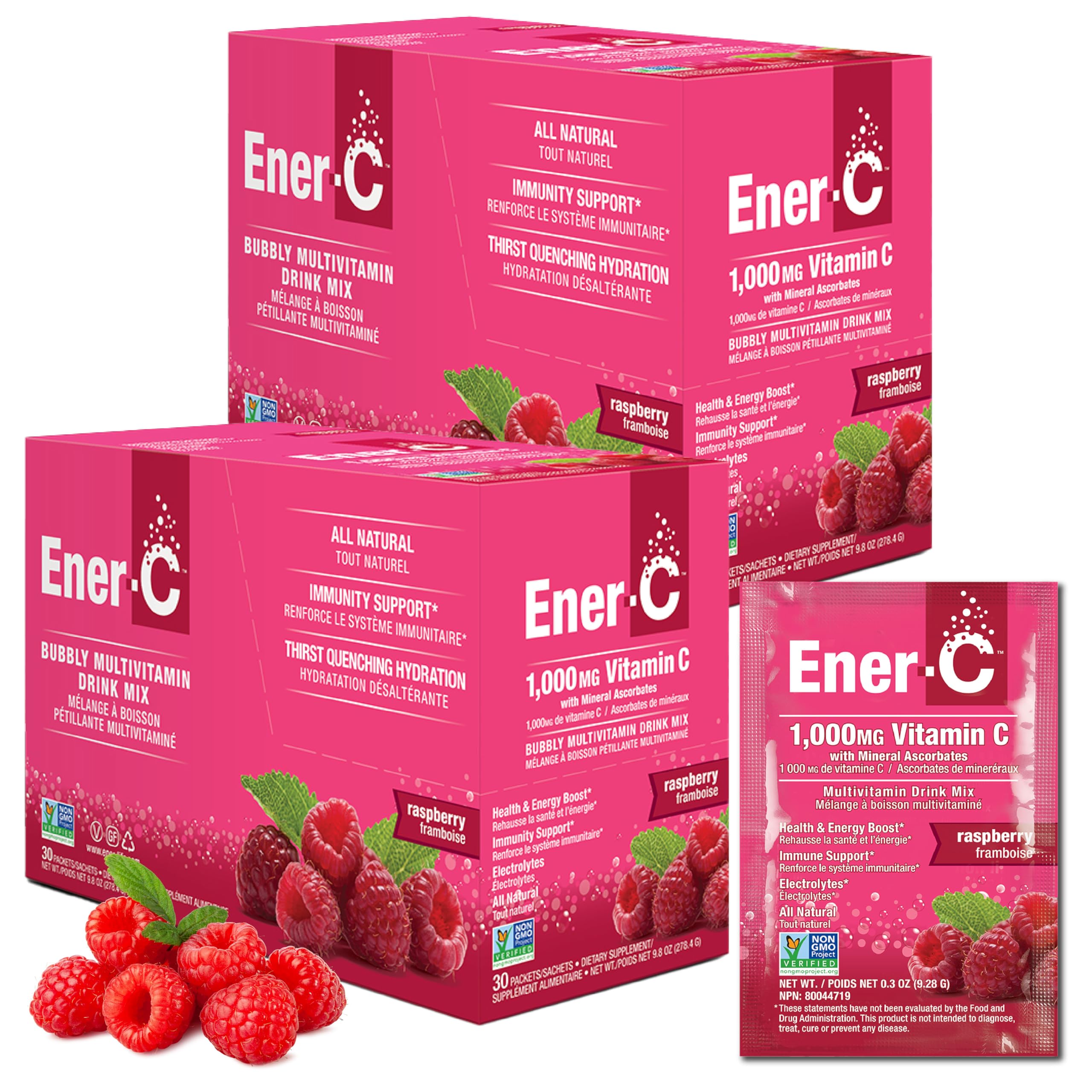 Ener-C raspberry multivitamin packet close-up for daily hydration.