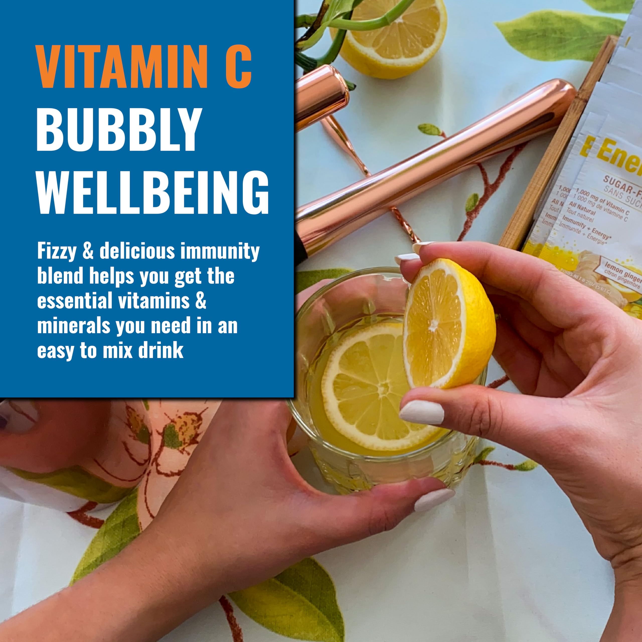 Lemon-ginger Ener-C dissolving in water with fizz and flavor.
