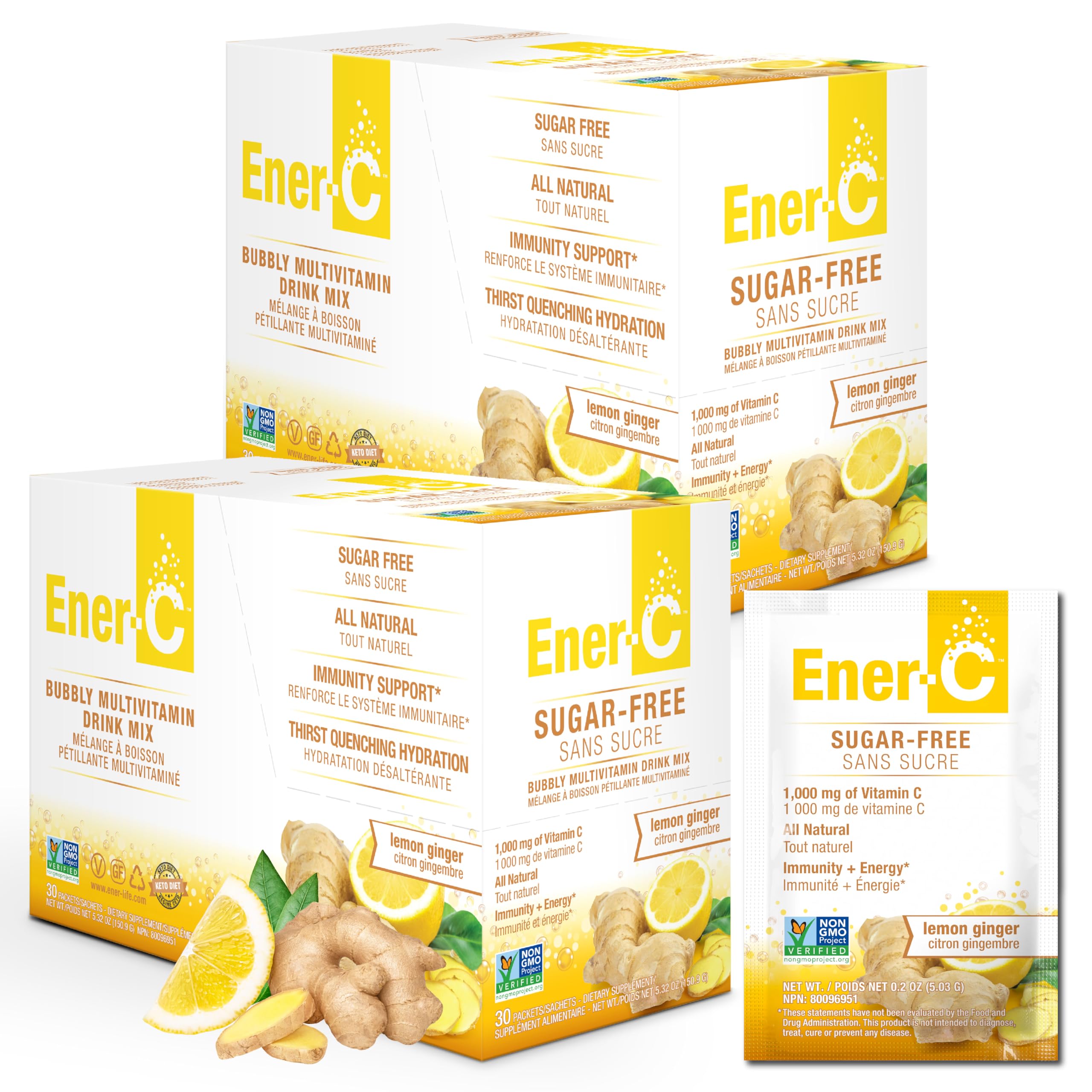 Ener-C sugar-free lemon-ginger sachet poured for an energy boost.
