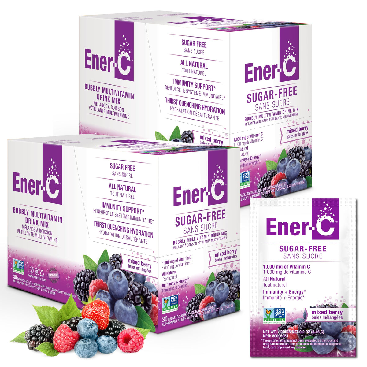 Ener-C Sugar Free multivitamin drink mix bottle pour demonstrates on-the-go hydration and immune-supporting vitamin C.