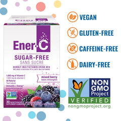 Ener-C sugar-free multivitamin drink mix glass with straw highlights refreshing real fruit flavor and energy support.