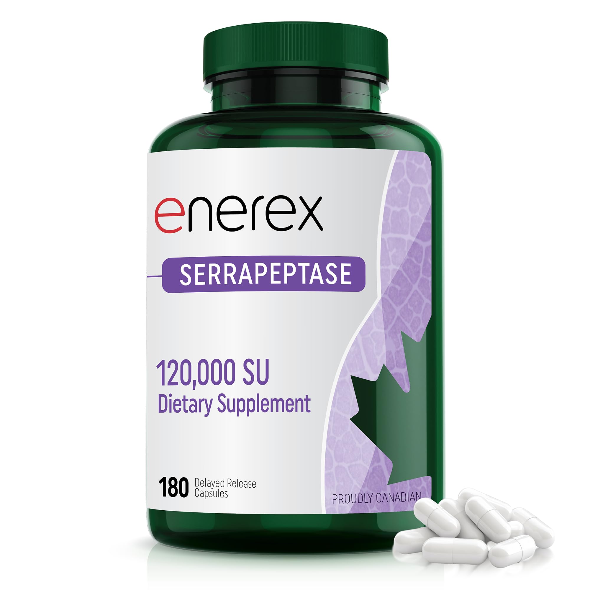 Enerex high-potency serrapeptase bottle highlights a convenient daily capsule.