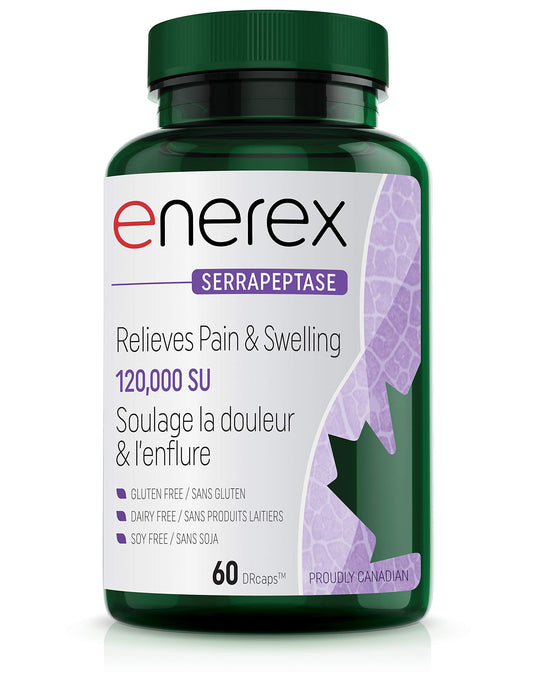 Enerex Serrapeptase 120000 SPU bottle image highlighting potency for inflammation balance.
