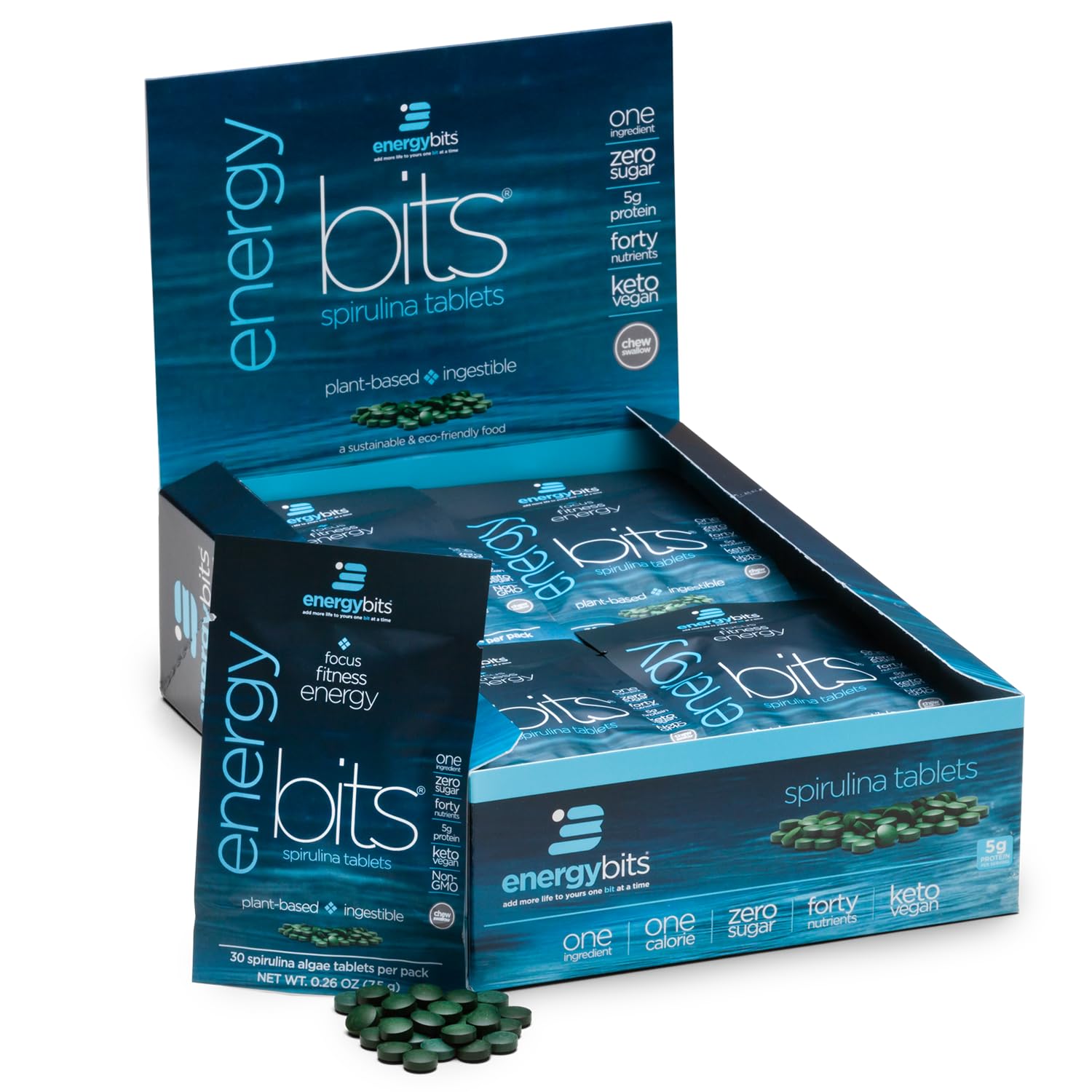 ENERGYBITS spirulina tablets bottle showcases convenient, plant-based energy for daily focus.