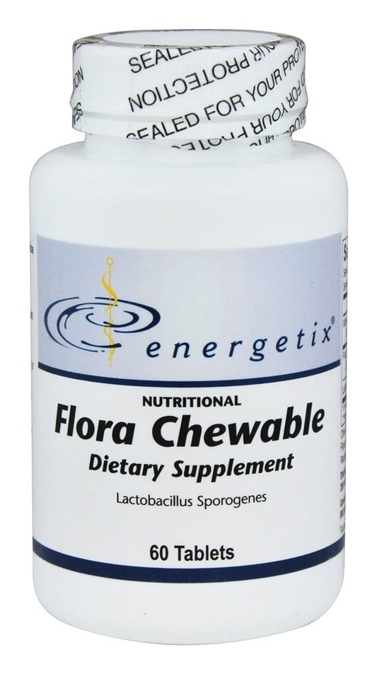 Energetix Flora chewable tablets close-up highlighting easy, on-the-go use