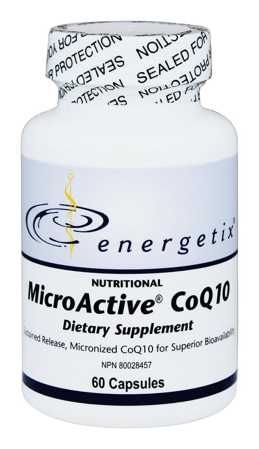 Energetix MicroActive CoQ10 bottle close-up with capsules for daily use.