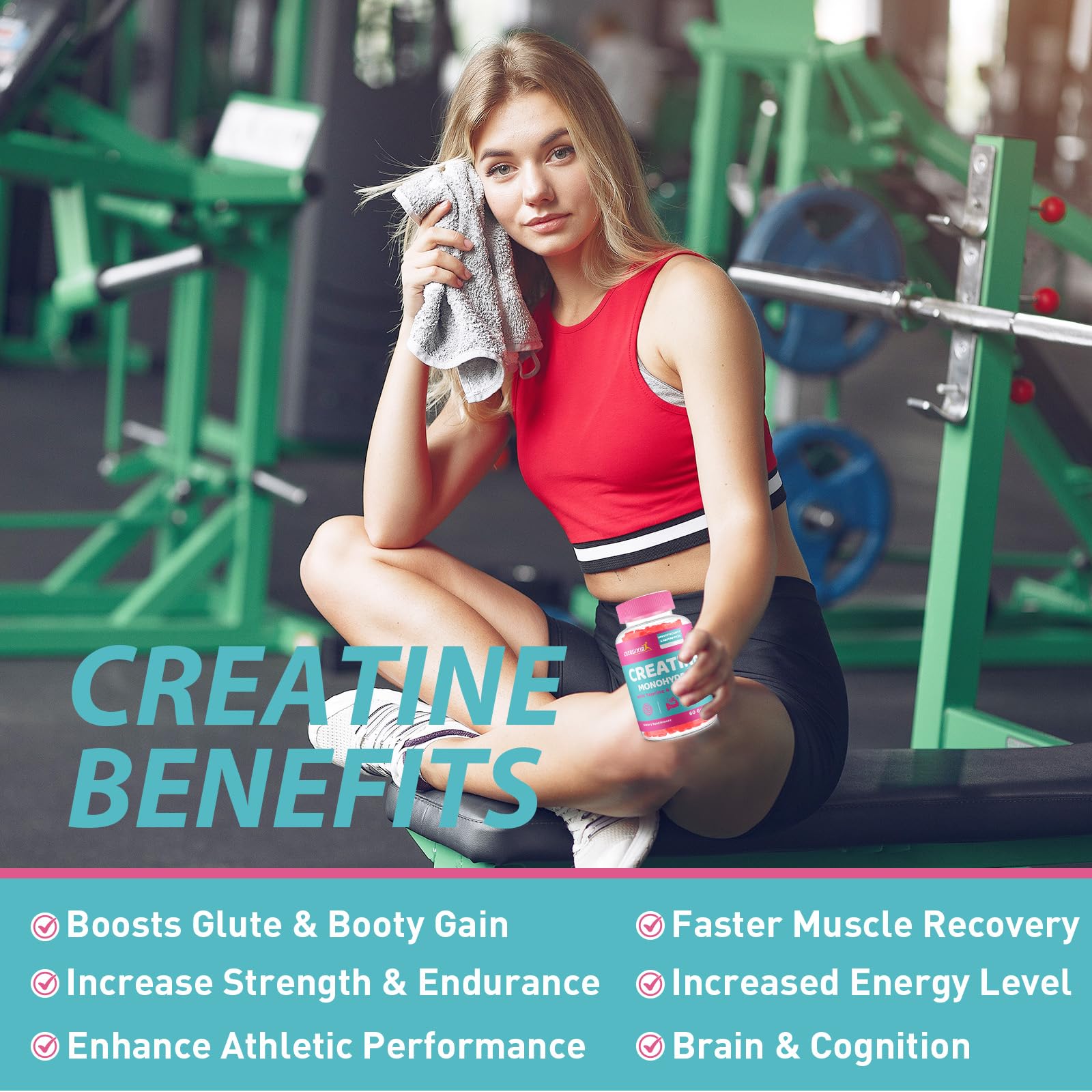 Berry-flavored Energixir Gummies ready for daily pre- and post-workout use.