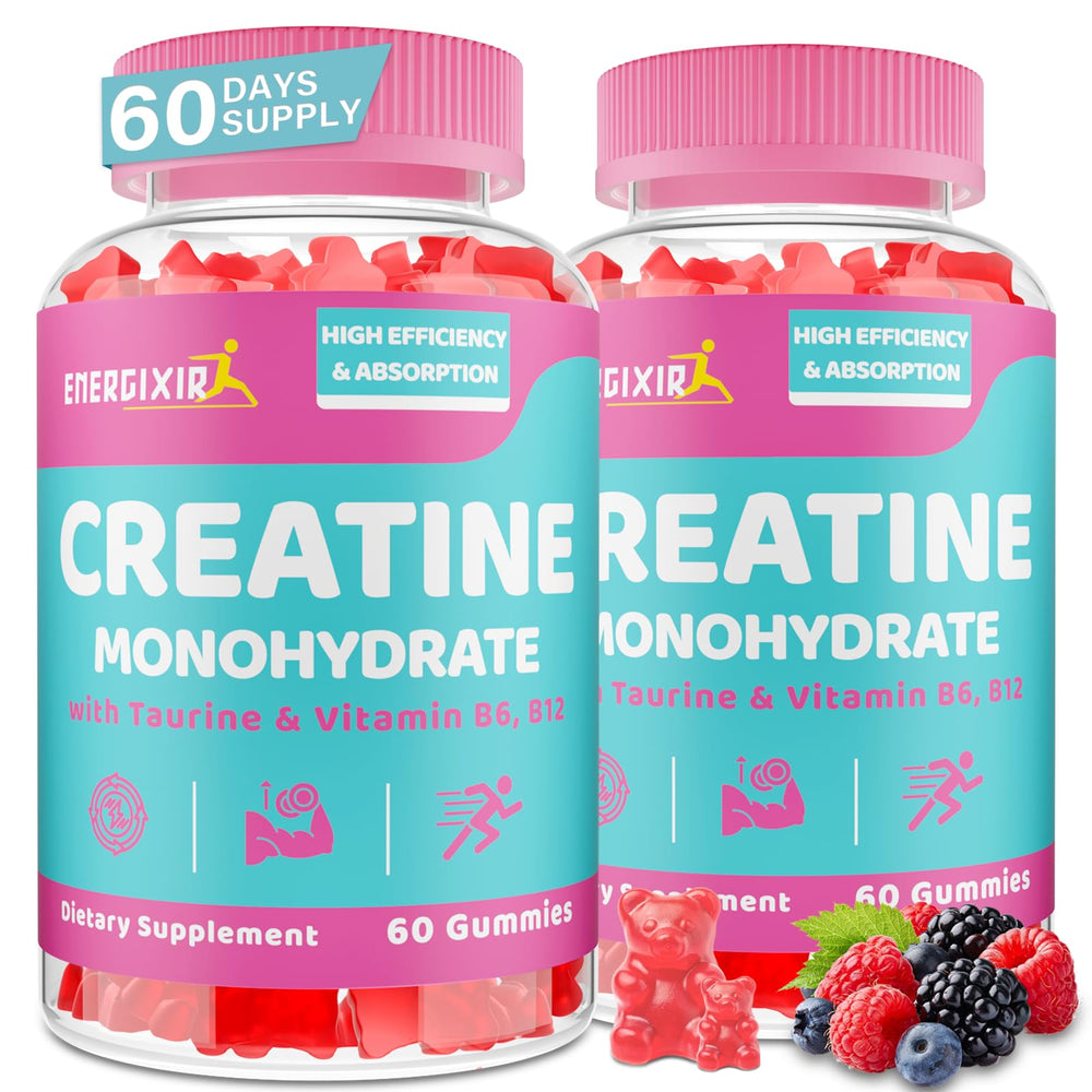 Energixir Creatine Gummies for Women bottle front view, convenient pre- or post-workout support.
