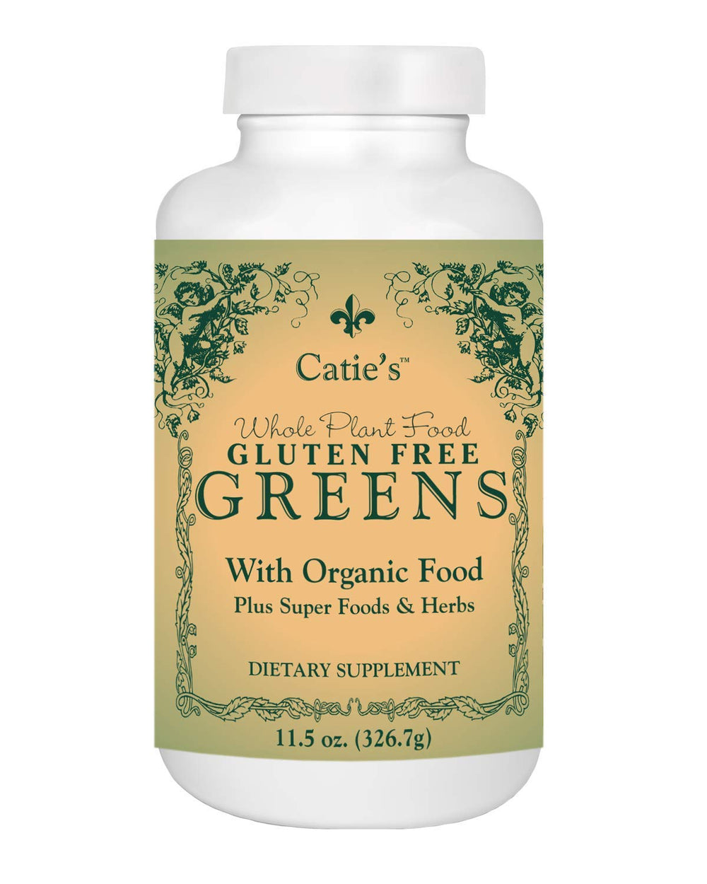 Energy Essentials Catie's Greens bottle shows organic blend for daily vitality