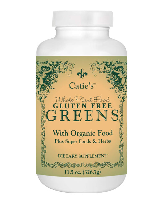 Energy Essentials Catie's Greens bottle shows organic blend for daily vitality