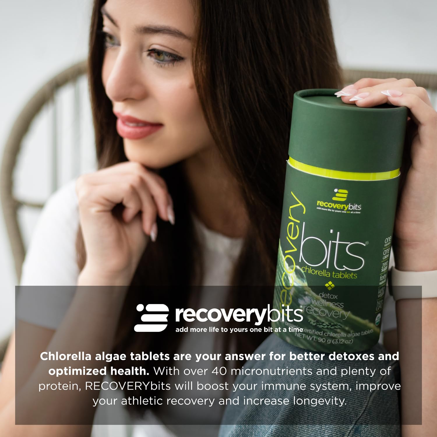 ENERGYBITS RECOVERYbits bottle side view emphasizes convenient daily greens.