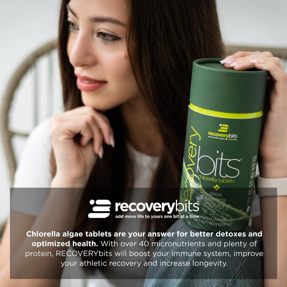 ENERGYBITS RECOVERYbits bottle side view emphasizes convenient daily greens.