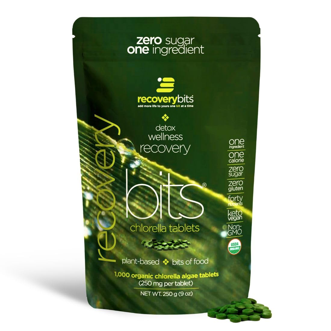 ENERGYBITS RECOVERYbits tablets closeup, green tablets for daily recovery support.