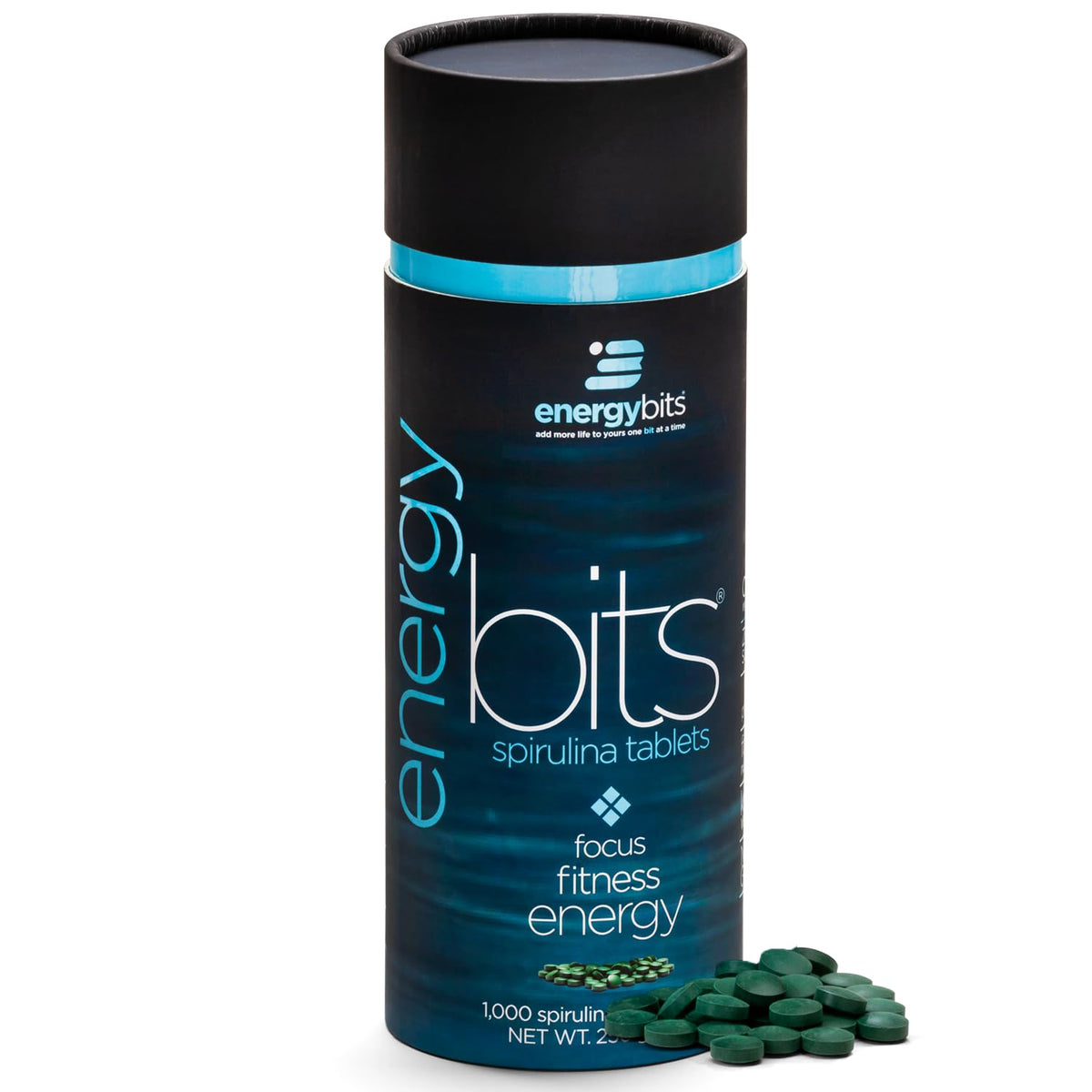 ENERGYBITS spirulina tablets canister front showing vegan, gluten-free energy support.