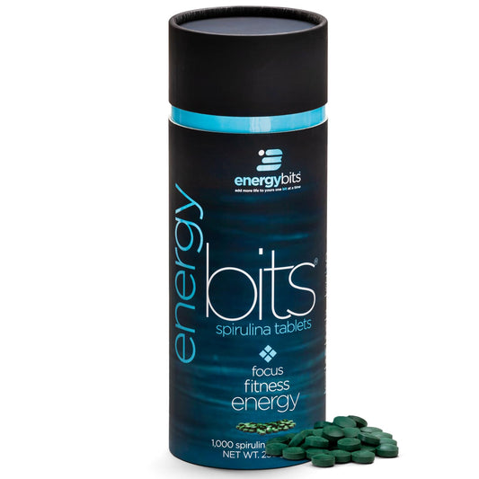 ENERGYBITS spirulina tablets canister front showing vegan, gluten-free energy support.