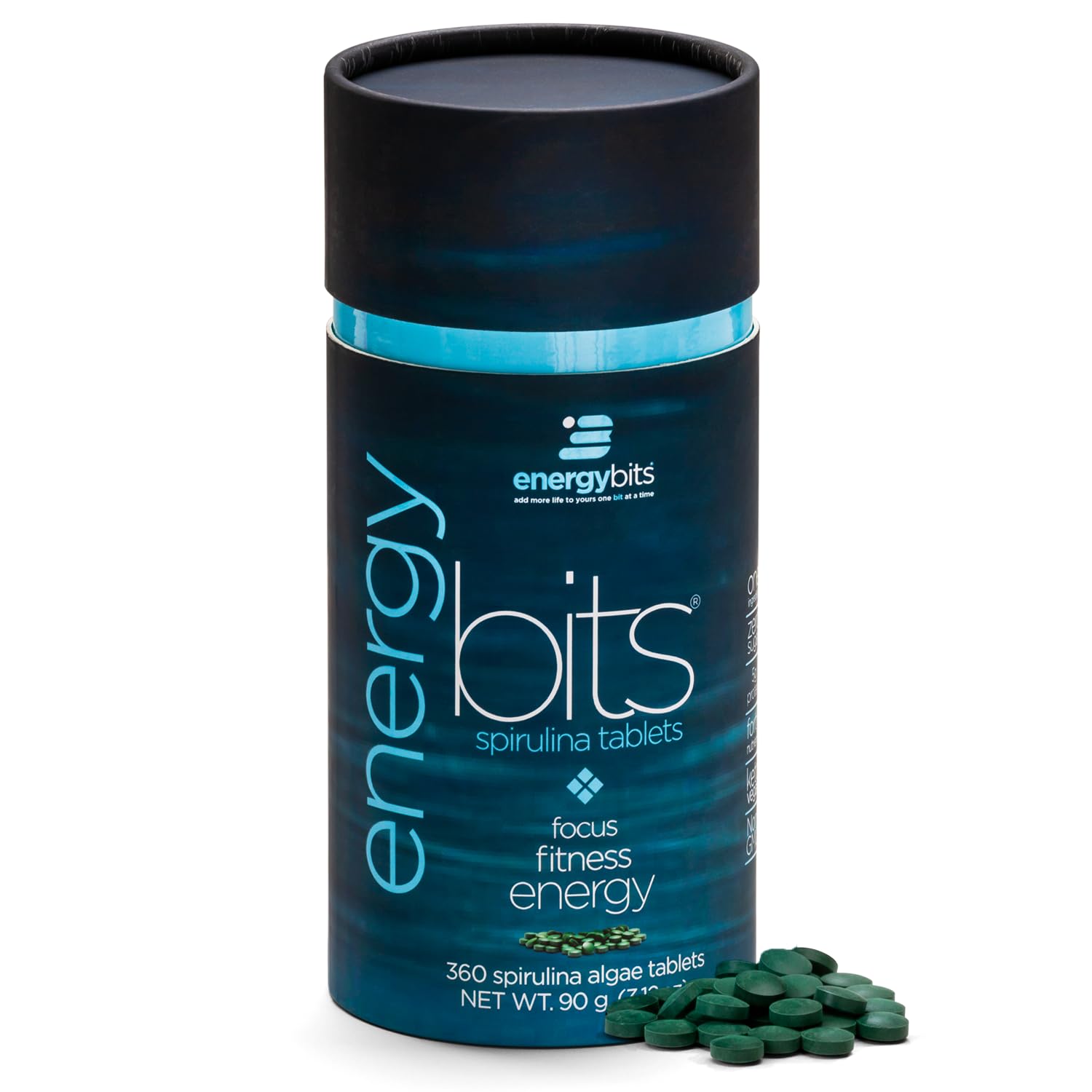 EnergyBITS spirulina tablets close-up for quick focus and sustained energy.