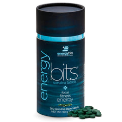 EnergyBITS spirulina tablets close-up for quick focus and sustained energy.