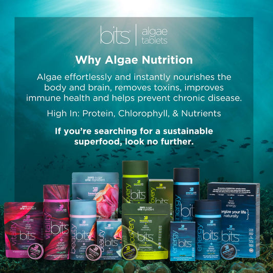 Close-up of ENERGYBITS spirulina tablets highlighting compact, one-ingredient nutrition.