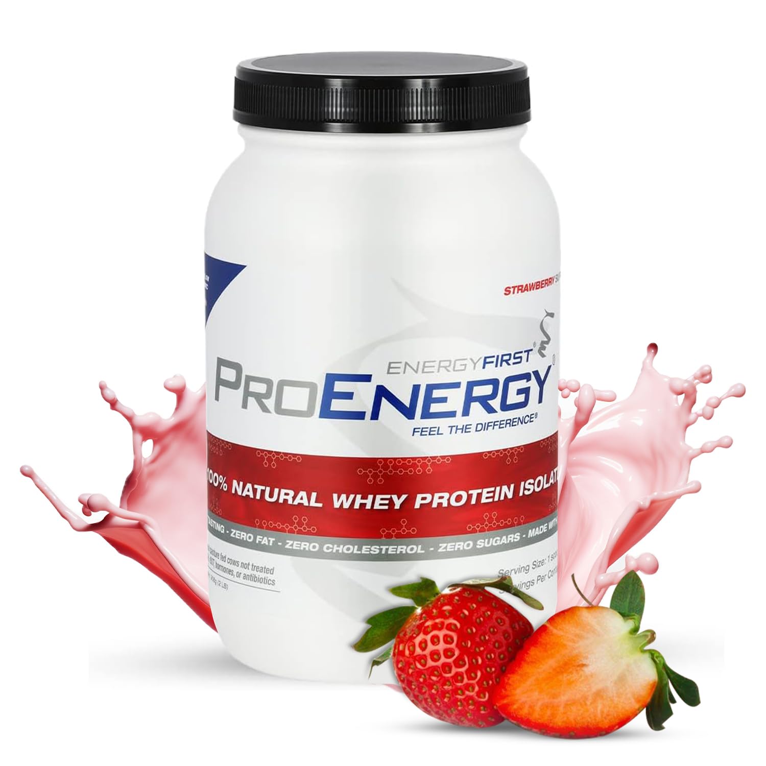 EnergyFirst grass-fed strawberry whey powder bag showing premium protein for daily meals