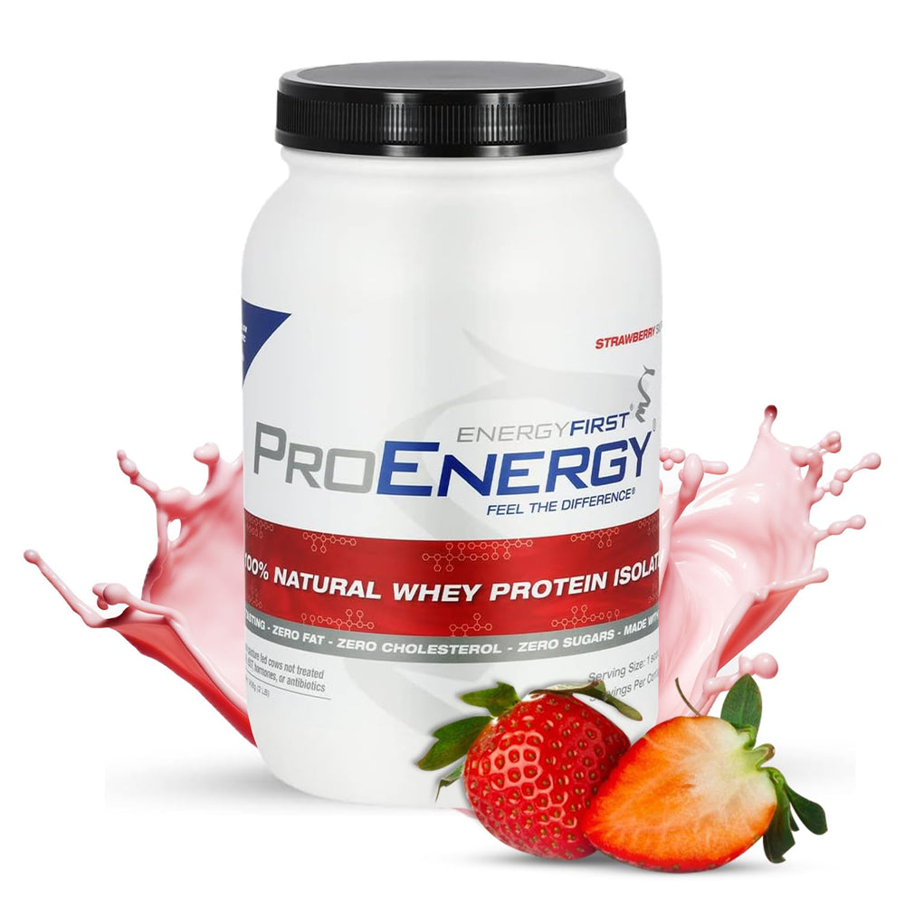 EnergyFirst grass-fed strawberry whey powder bag showing premium protein for daily meals