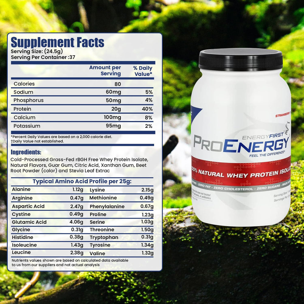 EnergyFirst grass-fed strawberry whey tub label highlighting gluten-free and non-GMO formula