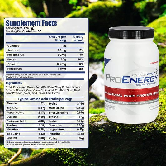 EnergyFirst grass-fed strawberry whey tub label highlighting gluten-free and non-GMO formula
