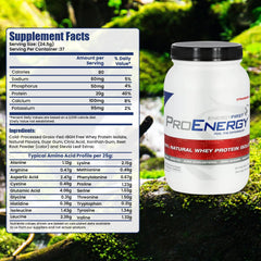 EnergyFirst grass-fed strawberry whey tub label highlighting gluten-free and non-GMO formula
