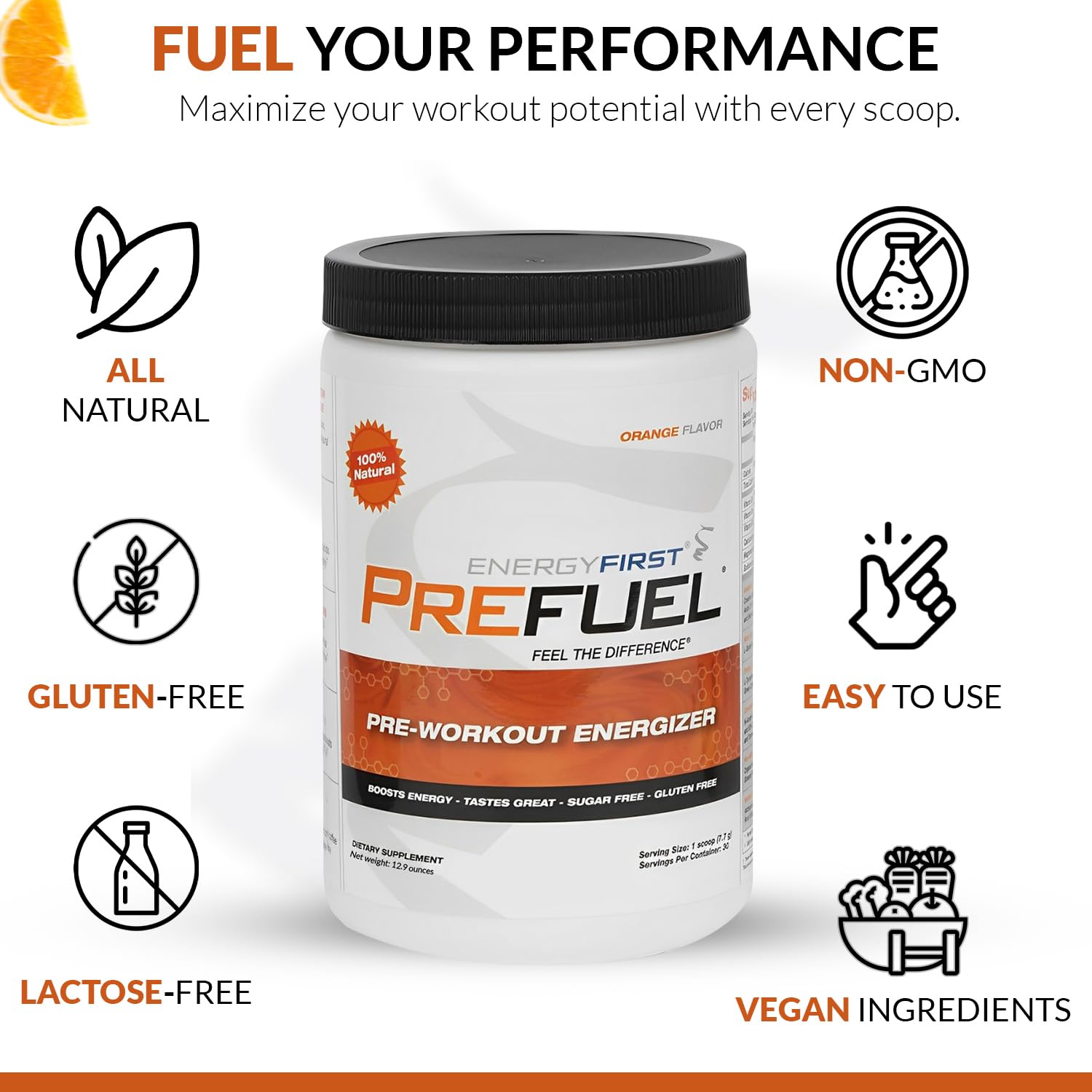 EnergyFirst Prefuel zero-sugar pre-workout powder ready to mix.