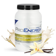 EnergyFirst Vanilla Whey Protein bottle shows grass-pasture fed formula.