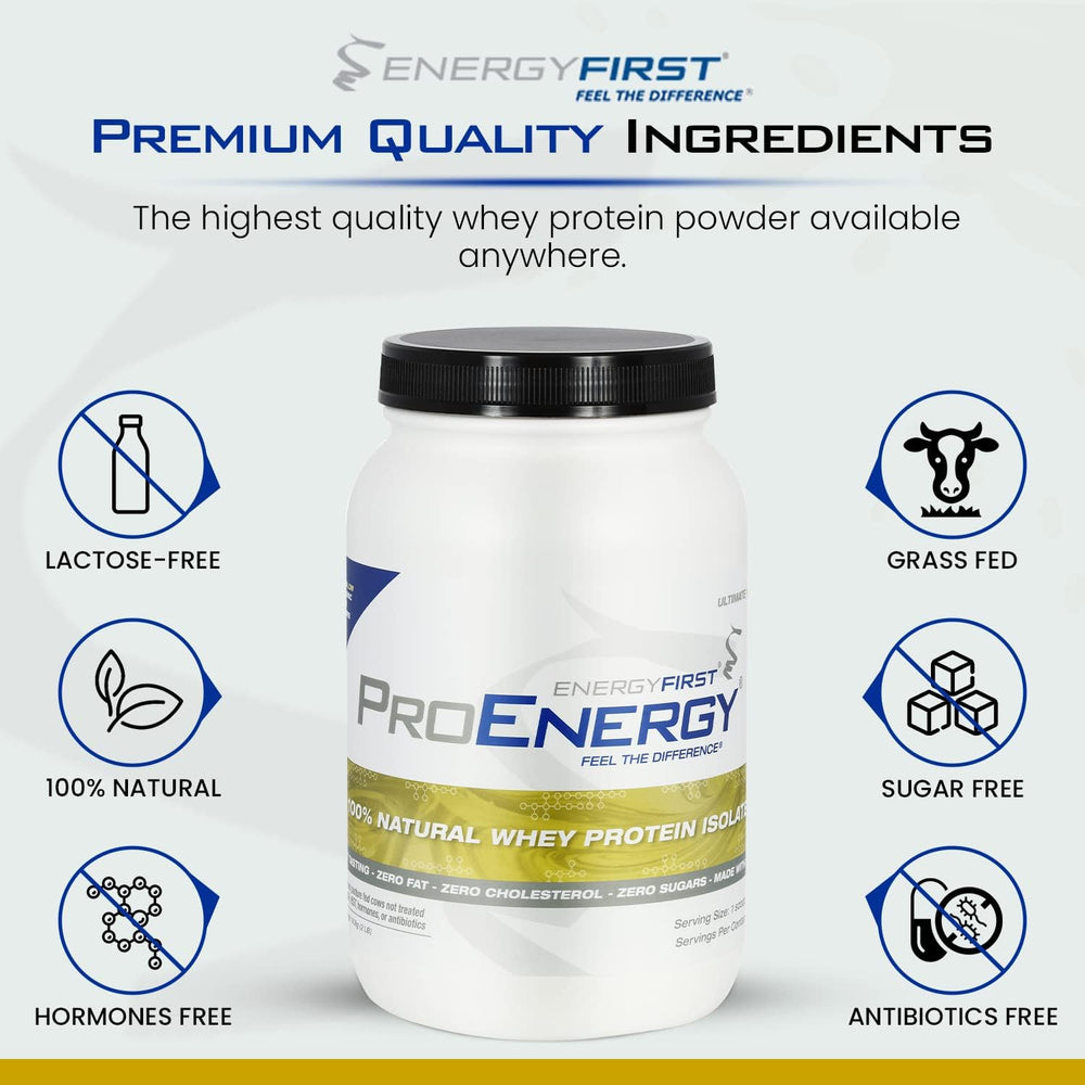 EnergyFirst Vanilla Whey Protein label emphasizes gluten-free and keto-friendly attributes.