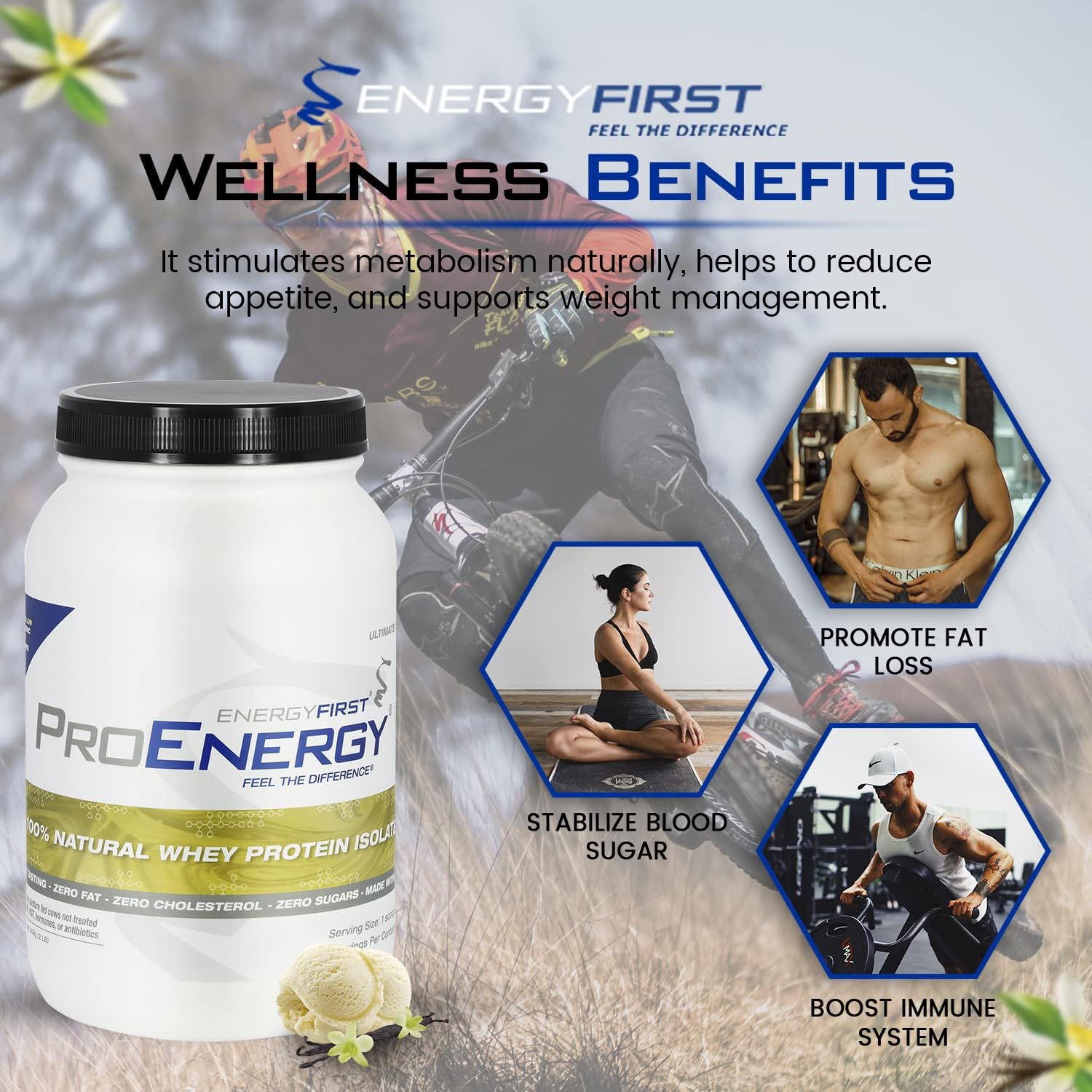 EnergyFirst Vanilla Whey Protein mixer captures a smooth shake ready to enjoy.