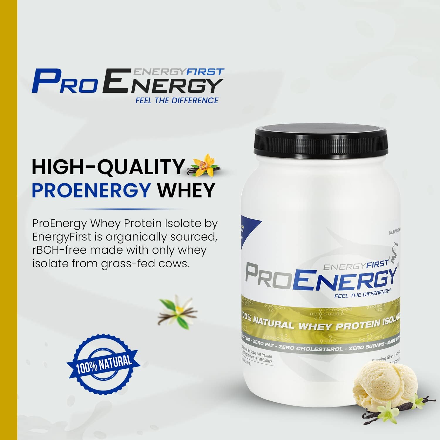 EnergyFirst Vanilla Whey Protein scoop highlights easy-to-use protein for daily goals.