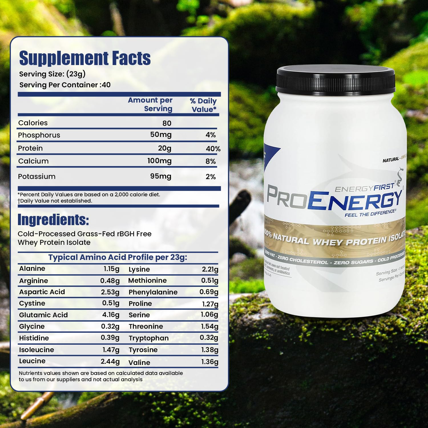 EnergyFirst whey protein powder container on display, unflavored option for meals.